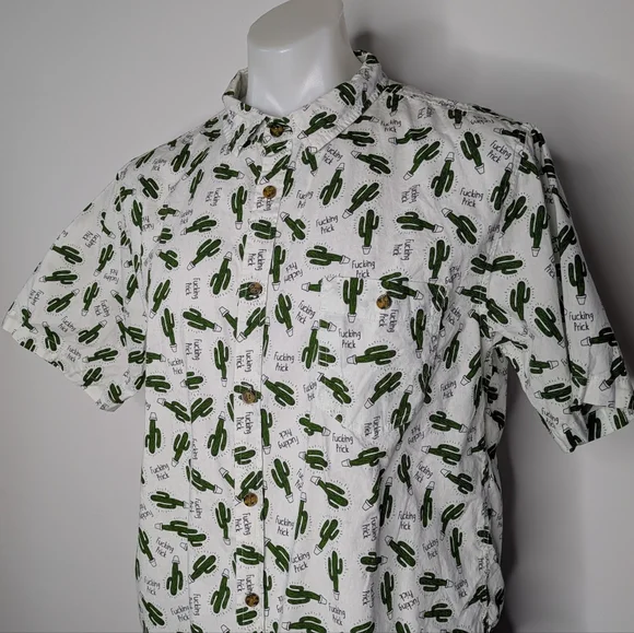Spencer's White Green Sweary Cactus Short Sleeve Cotton Button Up L - Picture 2 of 7